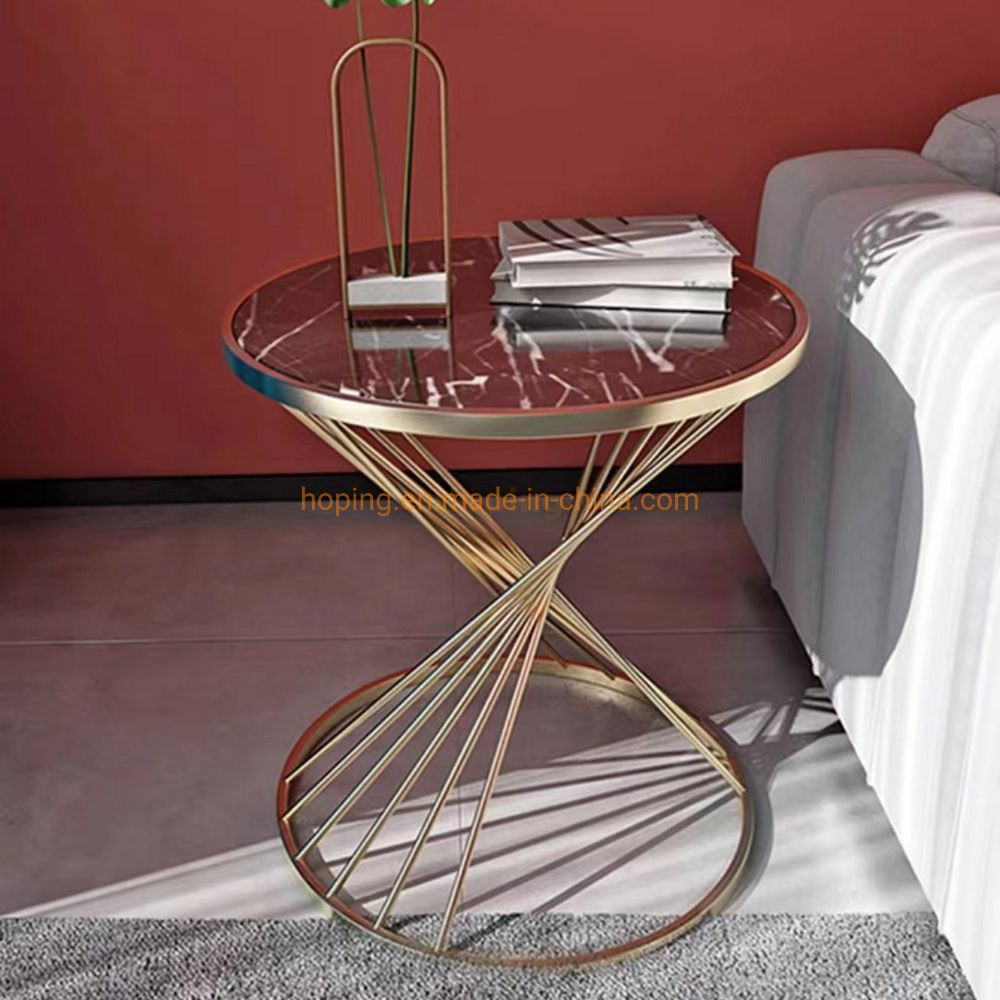 Modern Side Table Coffee Table Tea Table Console Table Corner Table with Twisted Designed Stainless Steel Wire Frame Andd Round Marble Top