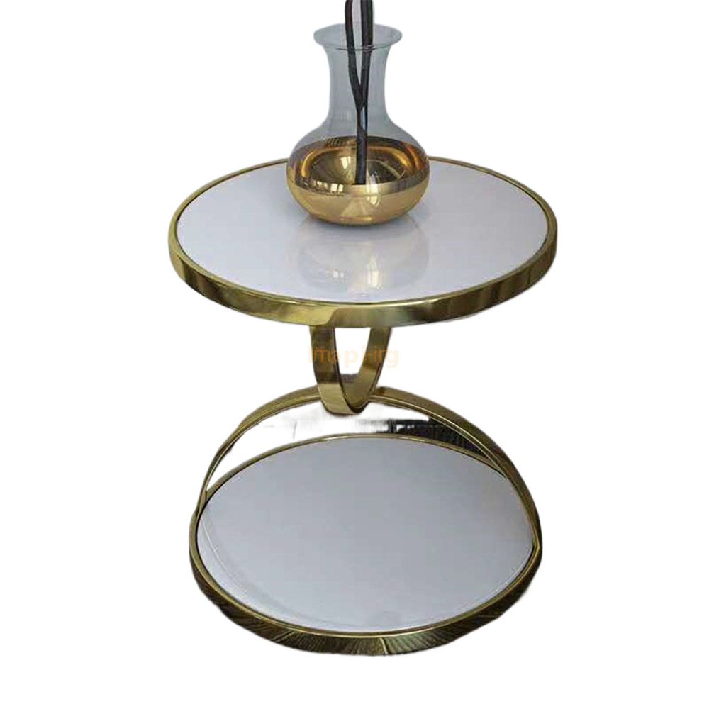 Small Round White Glass Top Living Room Bedroom Side Table with Golden Stainless Steel Frame