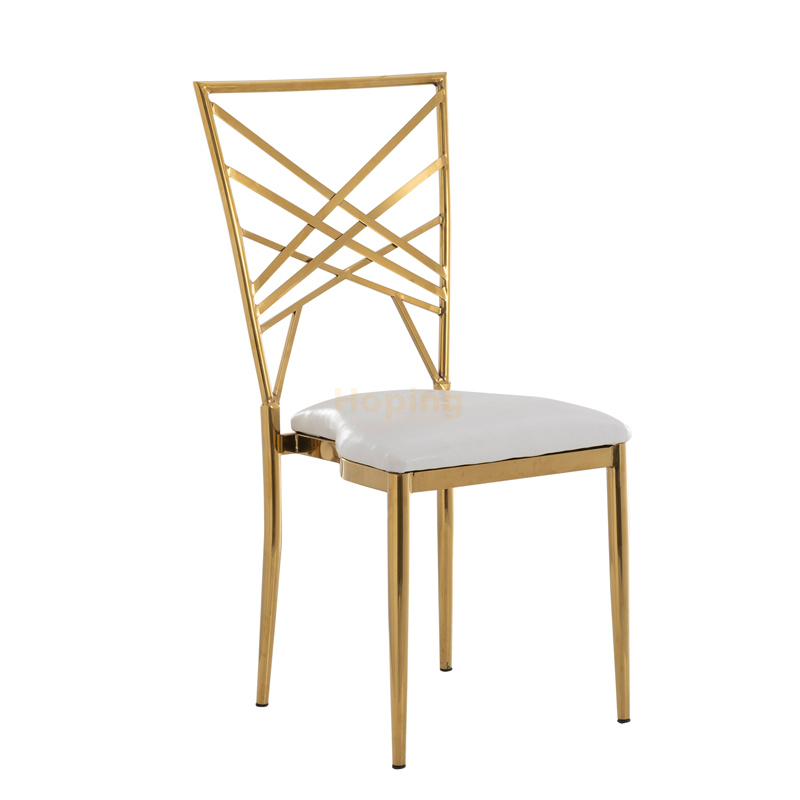 Elegant Gold Metal Cross Back Stackable Dining Chair with PU Seat for Weddings and Events