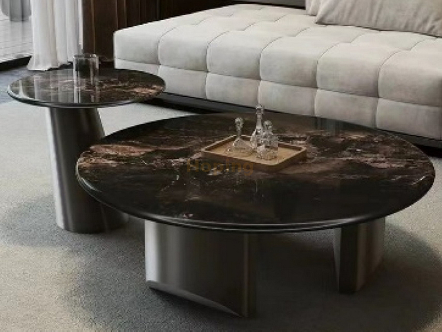 Wholesale Products Home Furniture Italian Minimalist Stainless Steel Coffee Table Black Stone Round Marble Coffee Table 1+1 Set