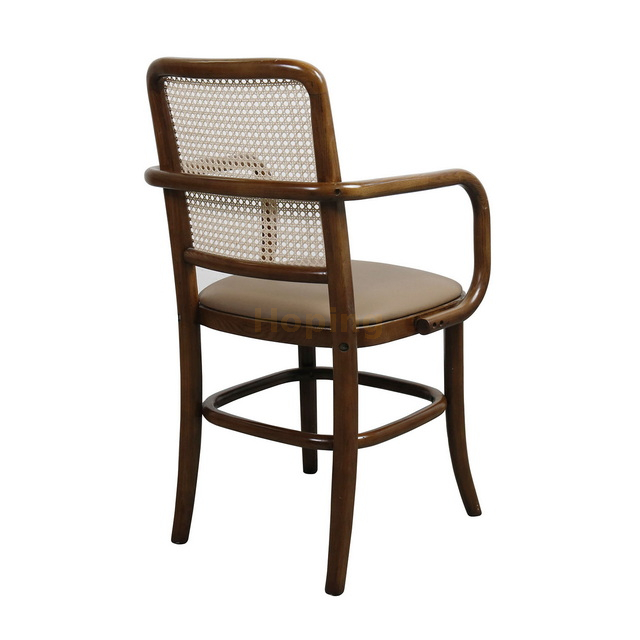 Square Rattan Back Wood Armchair Restaurant Furniture PU Leather Seat Dining Chair