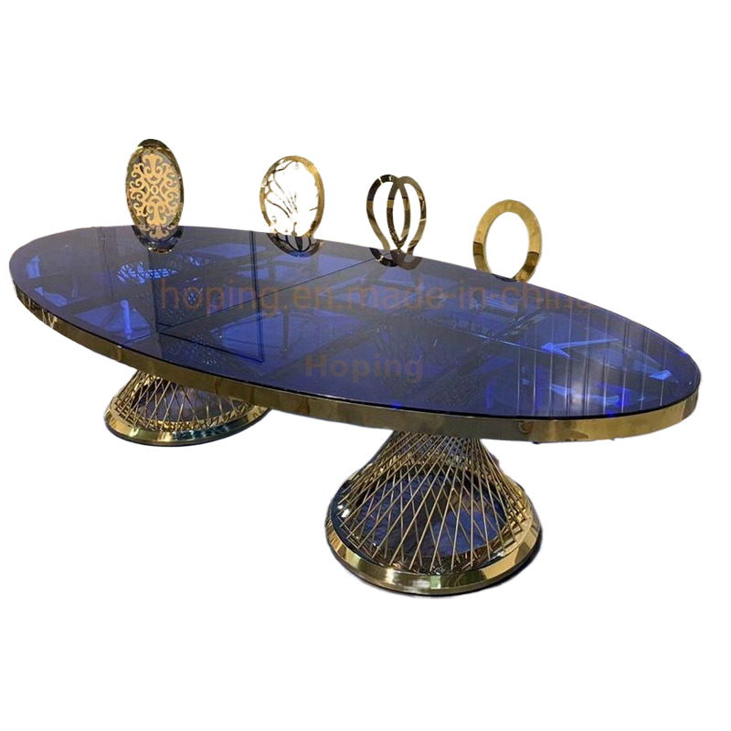 Antique Guangdong Restaurant Banquet Wedding Oval Table Gold Stainless Steel Mirror Glass Dining Table