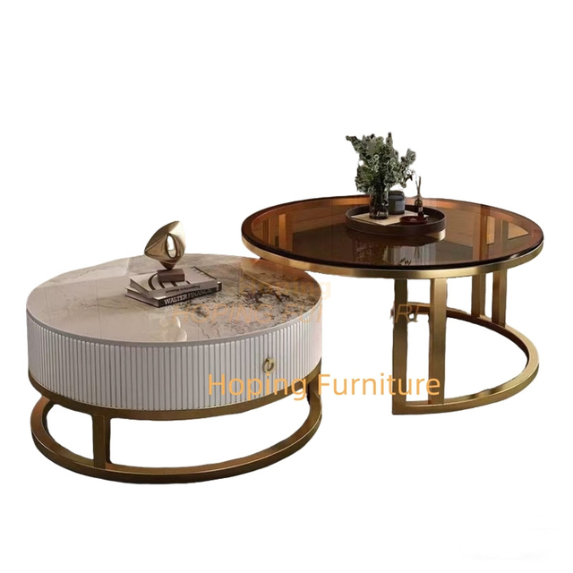 Hotel Center Table Set Gold-Plated Metal Round Marble Glass Top Side Table Corner Tea Modern Natural Stone Coffee Table