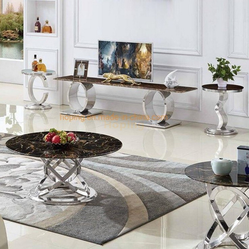 Living Room Furniture Round Table Cafe Marble Glass Top Silver Steel Travertine Coffee Table