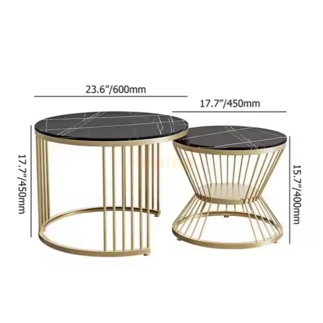 Contemporary Round Home Coffee Table Gold Metal Frame Marble 2 pieces Coffee Table Set 