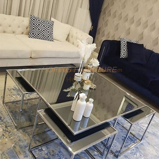 Modern Square Silver Coffee Table Set 1 Big 4 Small Metal Living Room Table Side Table Luxury Glass Coffee Table