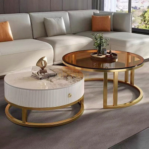 Hoping Living Room 1+1 Slate Coffee Table Set with Golden Steel Frame