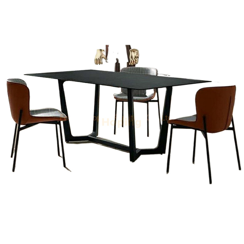 Large Dining Room Dining Table with Black Wood Top and Modern Unique Black Iron Metal Steel Legs Dinette Sets Table