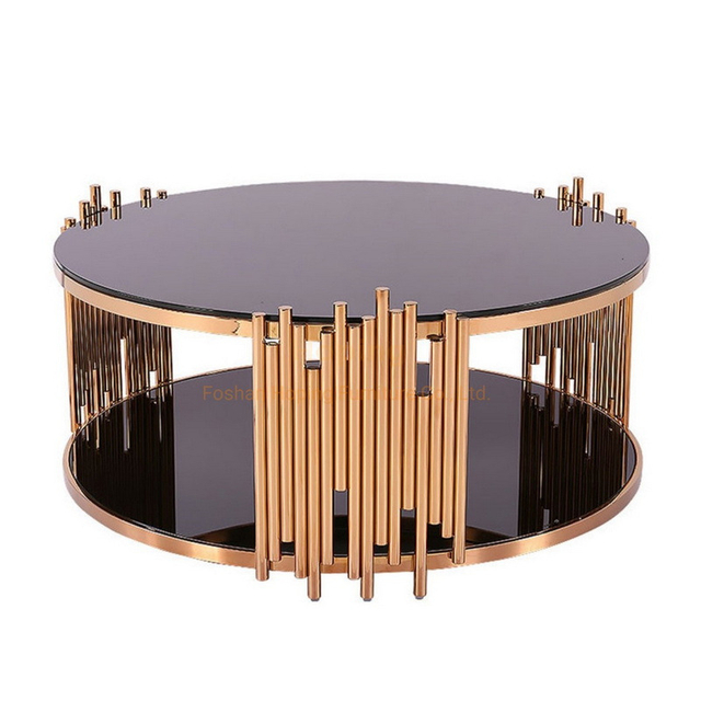 Modern Round Rose Gold Coffee Table Metal Living Room Table / Console Table / Side Table Luxury Home Steel Base Gold Round Glass Coffee Table
