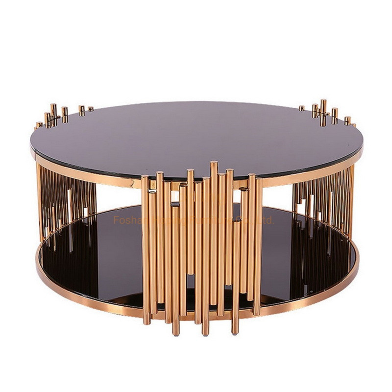 Modern Round Rose Gold Coffee Table Metal Living Room Table / Console Table / Side Table Luxury Home Steel Base Gold Round Glass Coffee Table