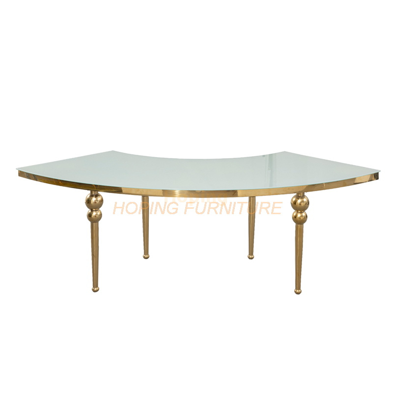 Half Round Glass Top Dining Table Wedding Feast Restaurant Table with Golden Stainless Steel Frame