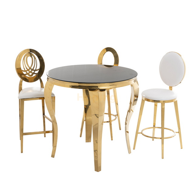 Round Bar Table with Glass Top and Golden Stainless Steel Frame for Night Club