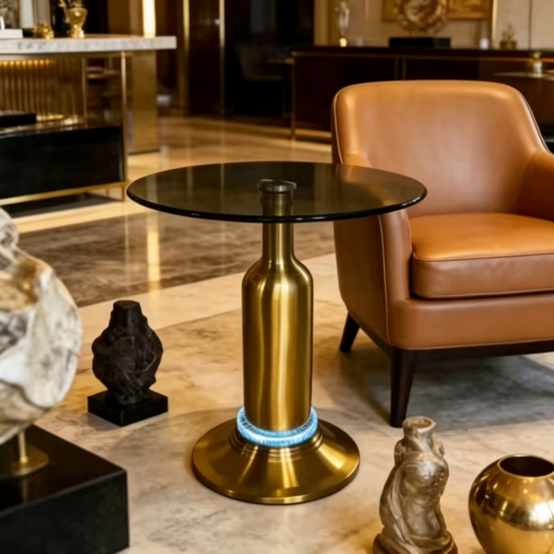 Modern Metal Living Room Sofa Table Bottle Shape Golden Metal Round Glass End Table with LED Light & Bluetooth Speaker Black Glass Coffee Table