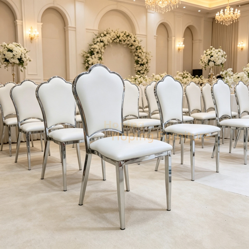 Classic Furniture Elegant Curved Top Event Dining Chair U Padded Iron Frame Silver Reception Chair for Rental Wedding Banquet Venues Hotel Chair