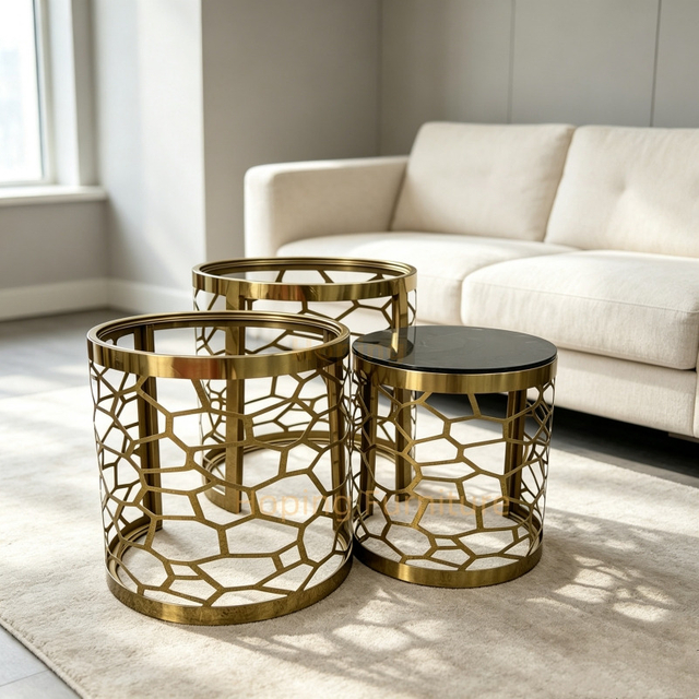 3 PCS Nesting Gold Stainless Steel Side Table Set Hollow Pattern Round End Tables Combine or Separate Use Luxury Accent Table for Hotel Living Room Coffee Table