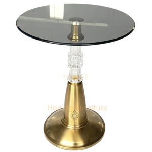 45cm Round Glass Top Side Table Gold Pedestal Base LED Glowing Column with Bluetooth Coffee Table Modern Tea Table