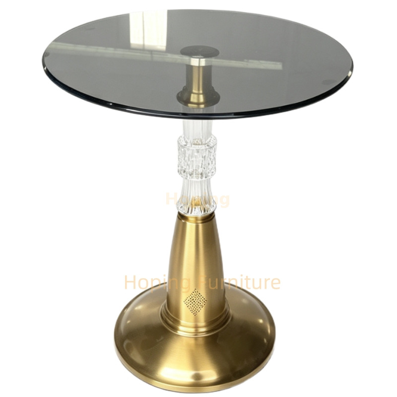 45cm Round Glass Top Side Table Gold Pedestal Base LED Glowing Column with Bluetooth Coffee Table Modern Tea Table