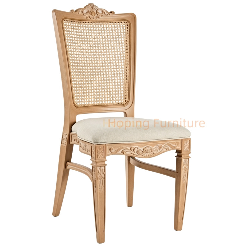 French Carved Cane Back Dining Chair Upholstered Cushion for Wedding Banquet Home