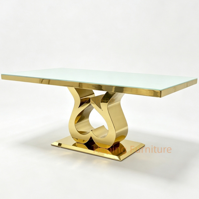 Luxury Square Table for 8 Rectangular Dining Table with Tempered Glass Unique Sculpted Mirror Gold Stainless Steel Base for Villa Hotel Banquet Table