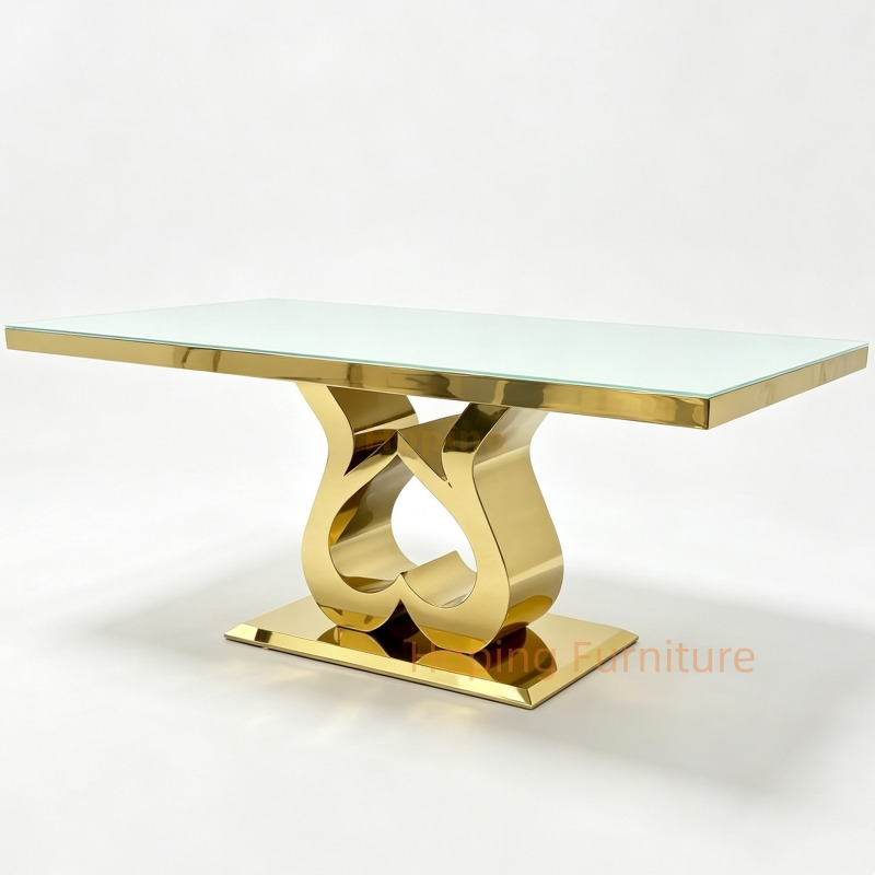 Luxury Square Table for 8 Rectangular Dining Table with Tempered Glass Unique Sculpted Mirror Gold Stainless Steel Base for Villa Hotel Banquet Table