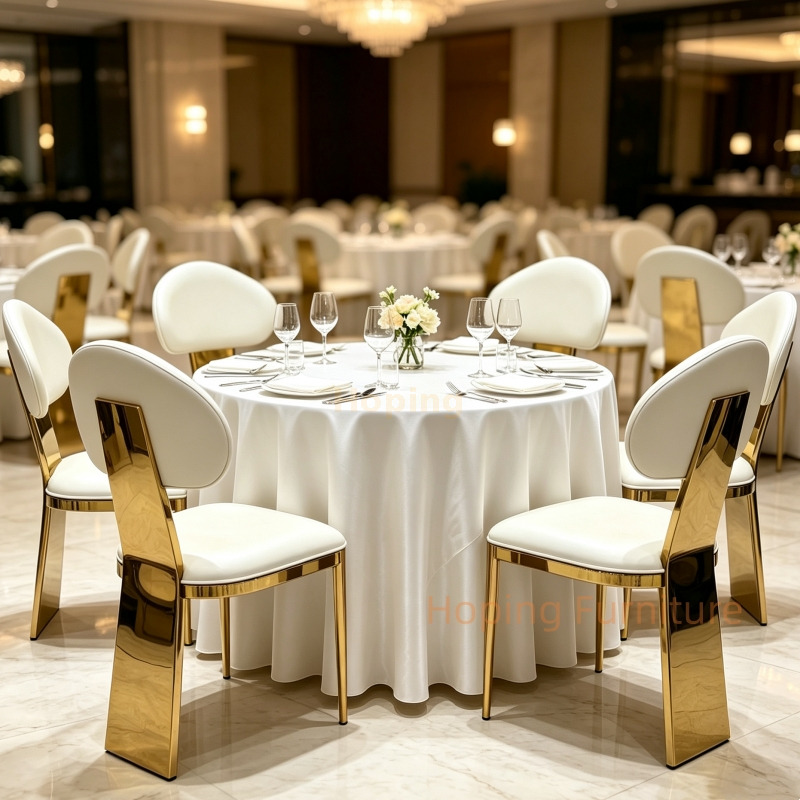 Modern Gold Metal Leg Dining Chair White PU Leather Upholstered Banquet Event Chair