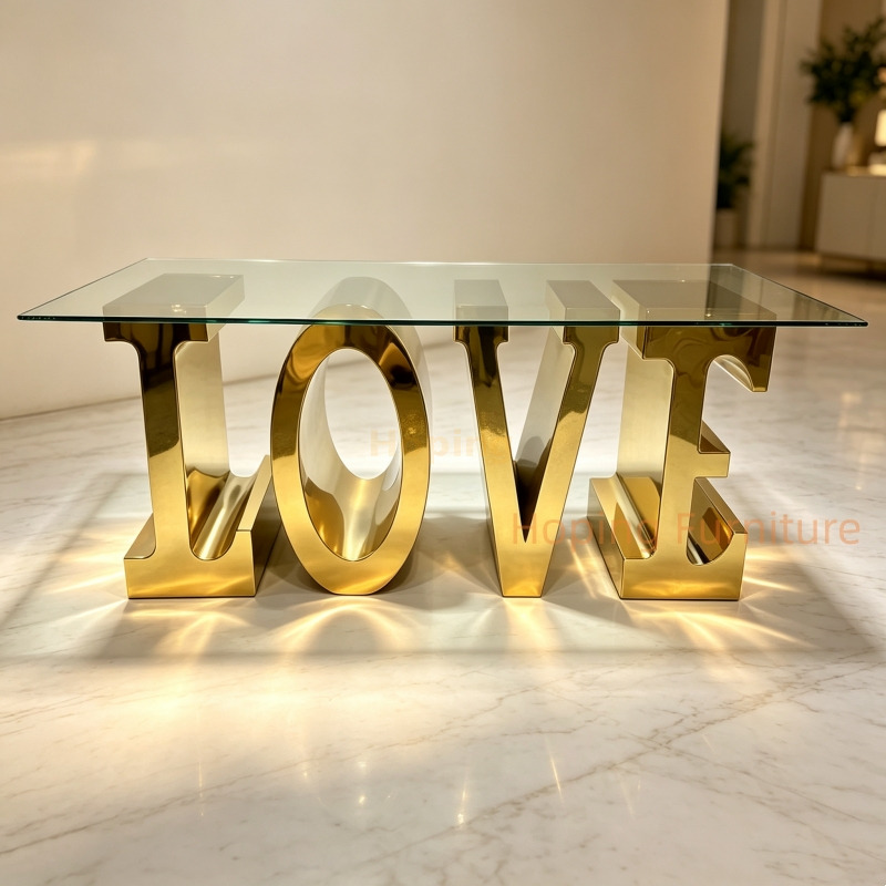 Modern High Quality Wedding Furniture Restaurant Hotel Banquet Love Letter Shape Gold Stainless Steel Dining Table, Clear Tempered Glass Top Wedding Event Table