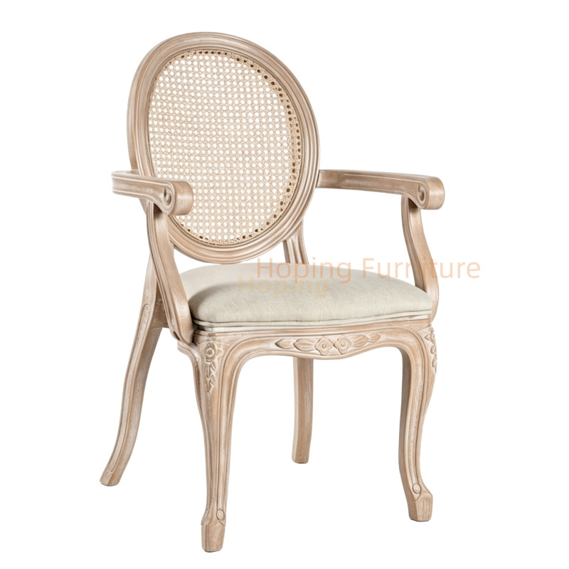Vintage Carved Plastic Dining Arm Chair Imitation Rattan Back Fabric Padded Seat for Wedding Event Rental Dining Chair