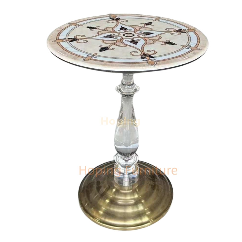 European Classic Carved Glass Top Side Table with Acrylic Leg Transparent Crystal Stem Gold Round Base Bedroom Nightstand