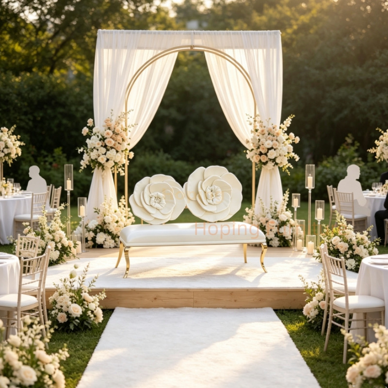White Rose Flower Back Wedding Loveseat Bench Gold Metal Leg Bridal Wedding Sofa For Event Banquet King and Queen Rental Chairs Party Wedding Chairs