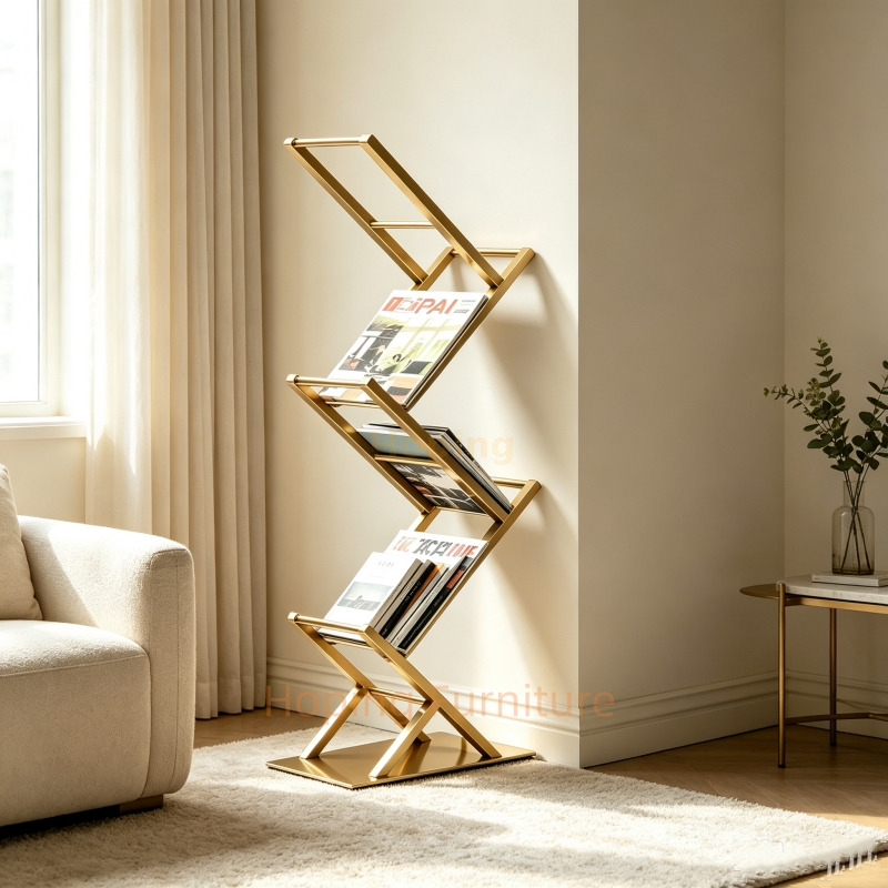 Gold Metal Z Shaped Magazine Rack File Shelf Modern Floor Book Display Stand for Living Room Airport Lobby Hotel Office Corner Office Bookcase