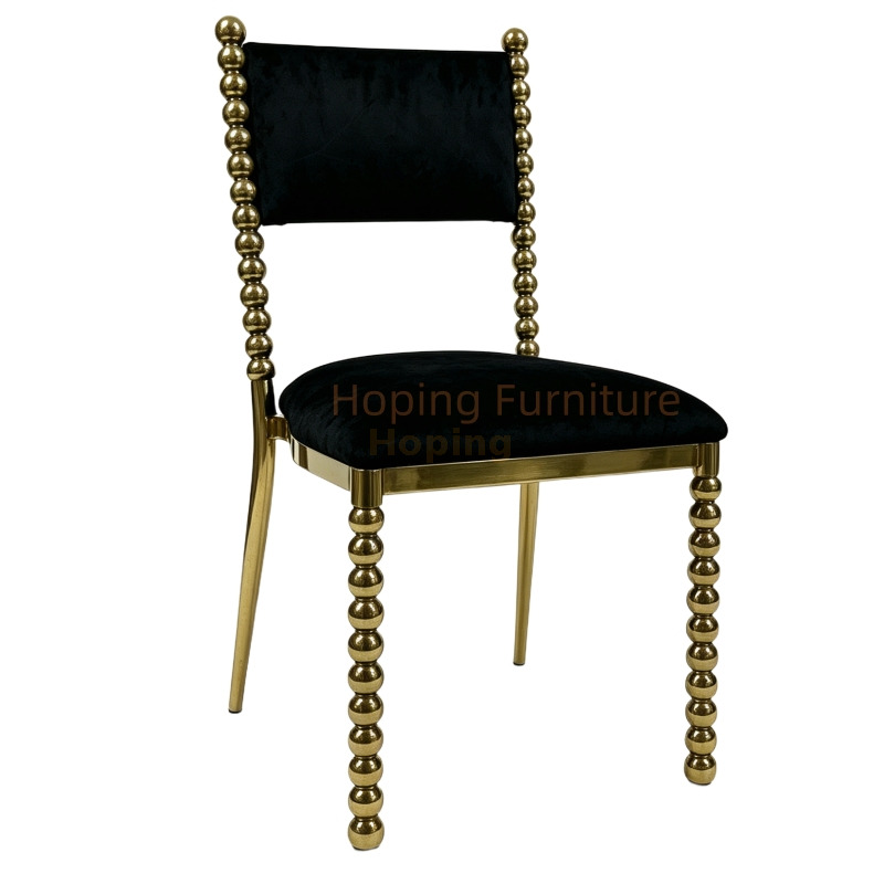Luxury Wedding Banquet Dining Chair Gold Beaded Metal Frame Black Velvet Upholstered Event Chair for Hotel Restaurant Wholesale Stainless Steel Wedding Chair