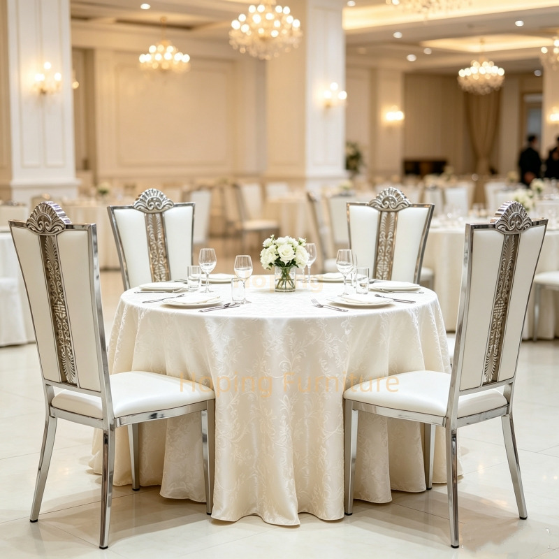 Hotel Restaurant Dining Chair with Iron Frame Wedding Banquet Chair Ornate Carved High Back Event Chair White PU Decorative Wedding Chair