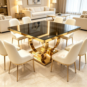 Premium Square Dining Table Dual Curved Arch Gold Stainless Steel Support Base for Luxury Hotel Banquet Wedding Function Event Restaurant Dining Table for Sale
