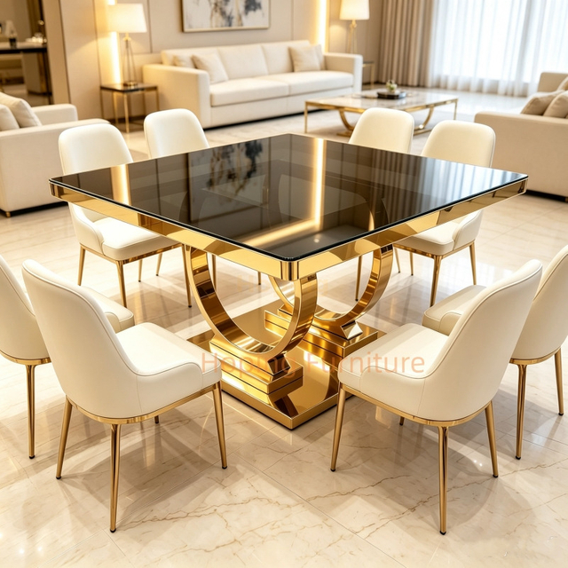 Premium Square Dining Table Dual Curved Arch Gold Stainless Steel Support Base for Luxury Hotel Banquet Wedding Function Event Restaurant Dining Table for Sale
