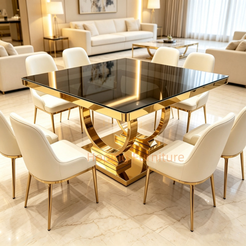 Premium Square Dining Table Dual Curved Arch Gold Stainless Steel Support Base for Luxury Hotel Banquet Wedding Function Event Restaurant Dining Table for Sale