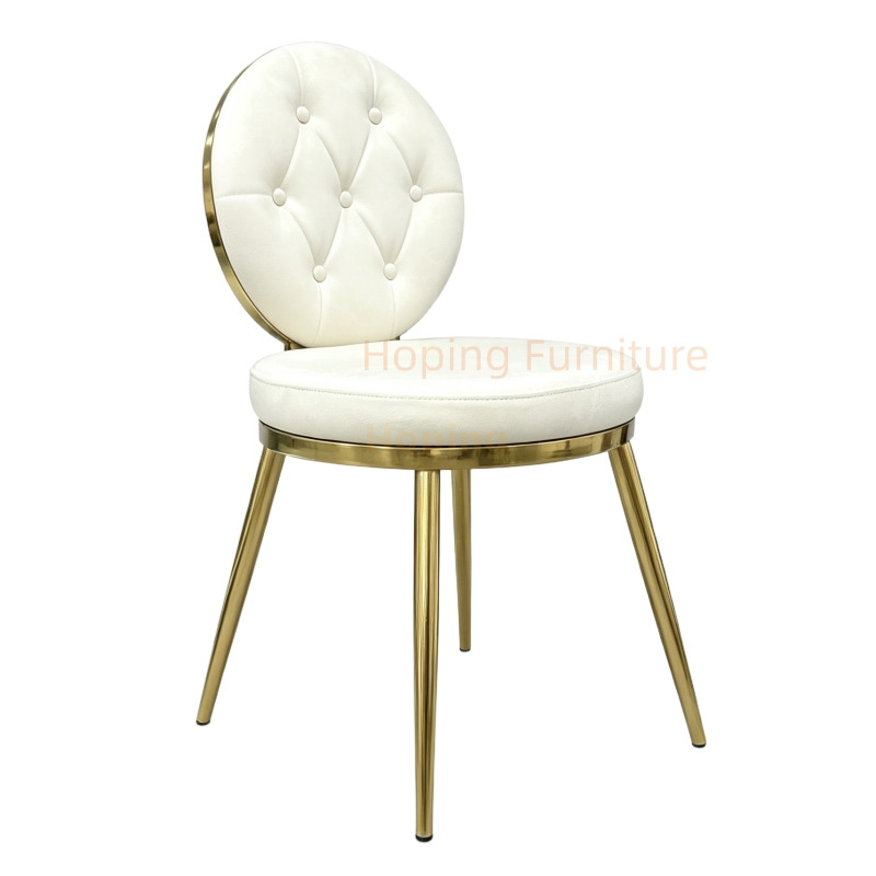 Gold Stainless Steel Dining Chair with Unique Hollow Round Back Frame White Velvet Upholstered Banquet Event Chair White Wedding Dining Chair