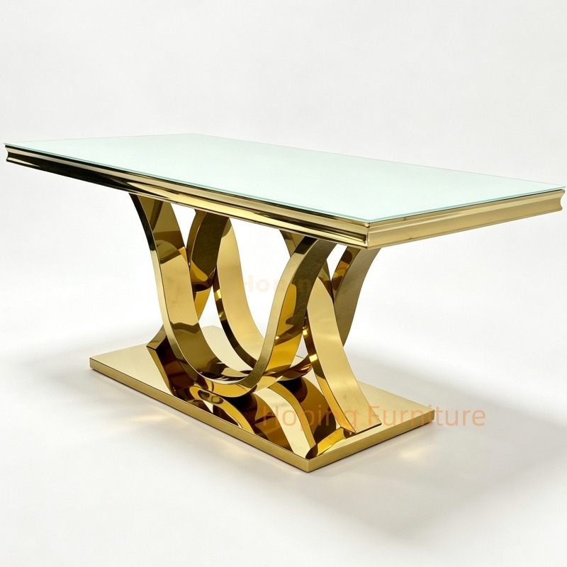 Modern Luxury Black Glass Rectangular Dining Table Shiny Gold Stainless Steel Twisted Interlocking Legs Restaurant Table for Wedding Hotel Home Use Table