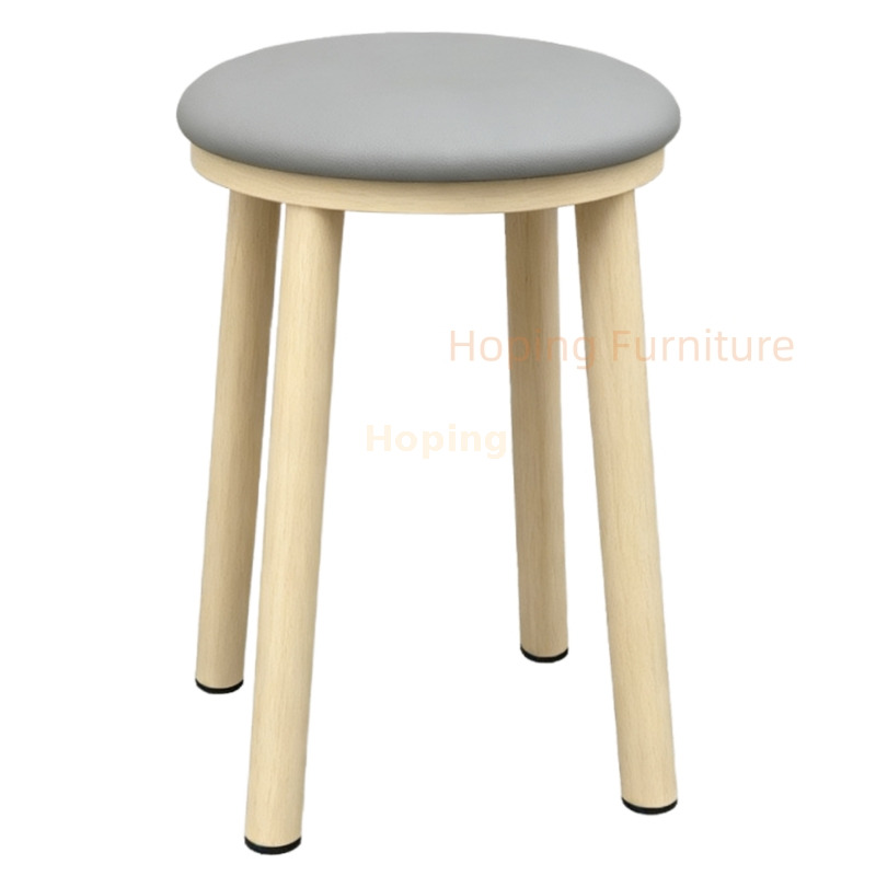Wood Grain Metal Round Stool with Gray Soft Cushion Simple No Backrest Dining Stool for Home Restaurant