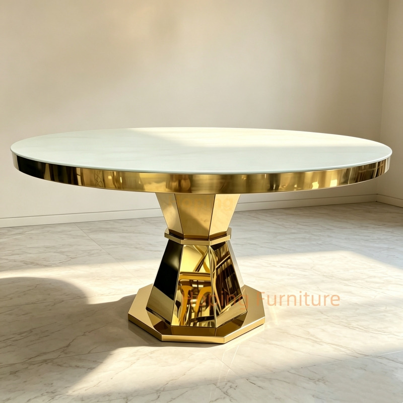 Gold Stainless Steel Round Wedding Table with Crystal Decoration Black Glass Top Event Banquet Table
