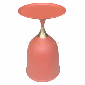 Matte Red Bell Shaped Nightstand Metal Tray Top Small Sofa Side End Table with Gold Detail Coffee Table for Home Bedroom Hotel Restaurant