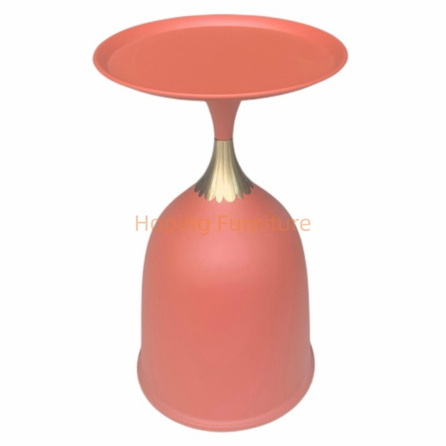 Matte Red Bell Shaped Nightstand Metal Tray Top Small Sofa Side End Table with Gold Detail Coffee Table for Home Bedroom Hotel Restaurant