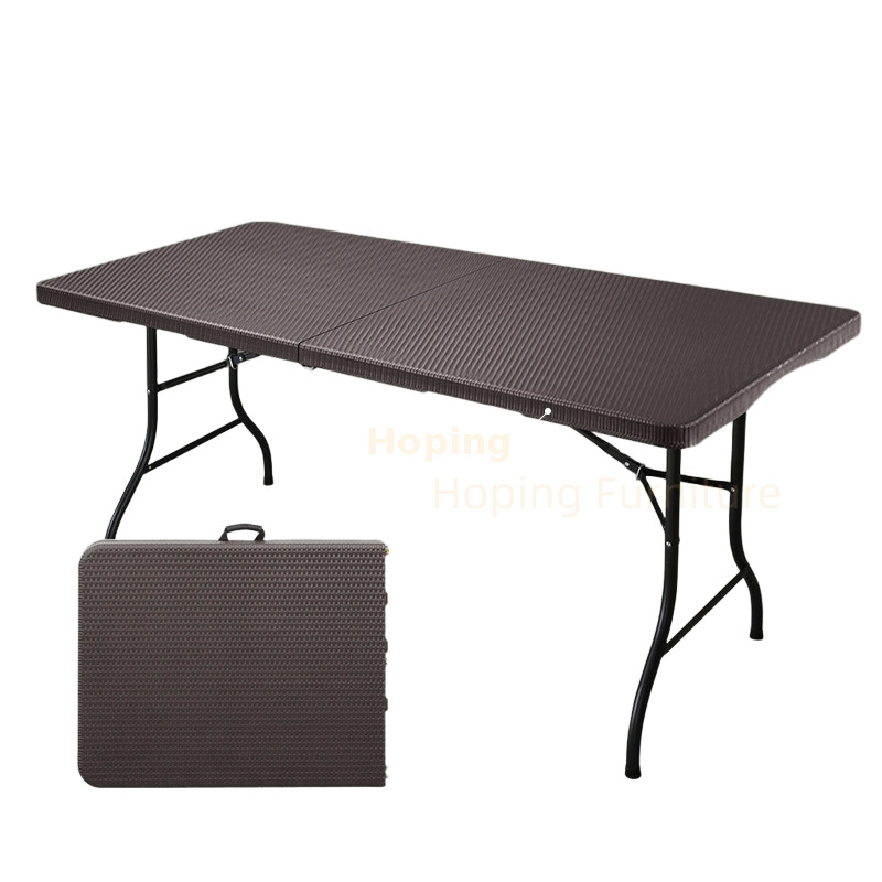 Lightweight Dining and Writing Desk Portable Folding Table Brown Rattan Grain Rectangular Desk for Outdoor Camping Home Use Vendor Stall Table