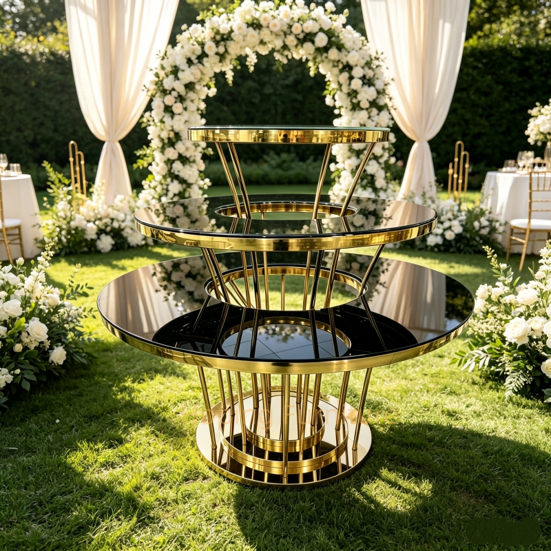 3 Tier Round Gold Stainless Steel Wedding Cake Table Black Glass Tiered Dessert Display Table with Floral Decor for Banquet Party Event Display Table