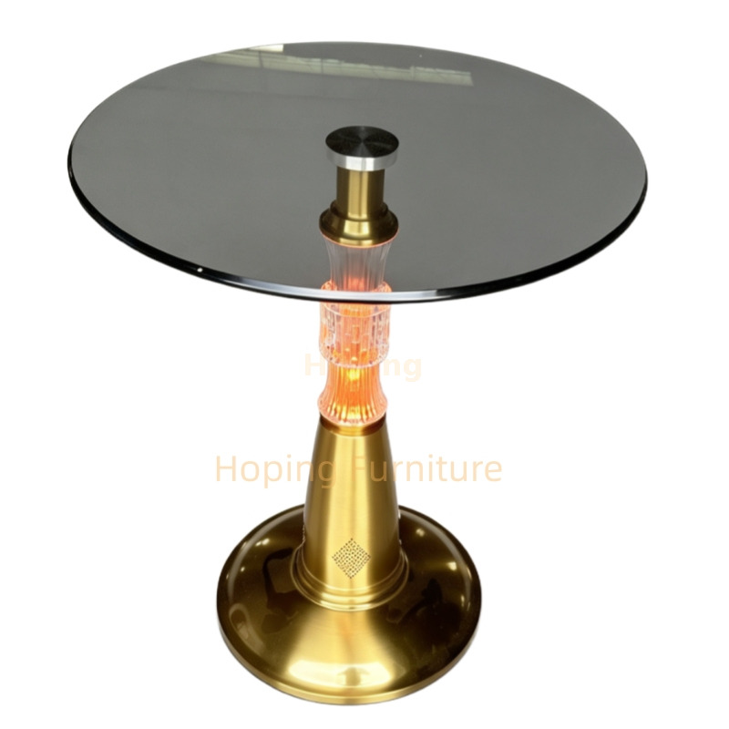 45cm Round Glass Top Side Table Gold Pedestal Base LED Glowing Column with Bluetooth Coffee Table Modern Tea Table