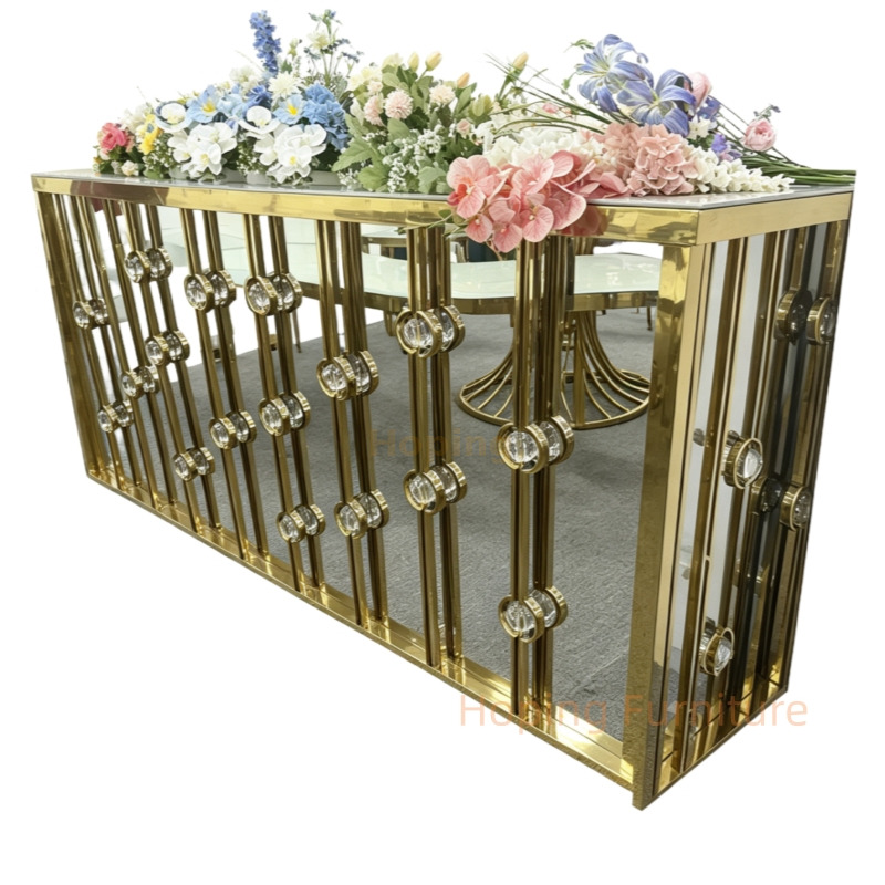 China Supplier Gold Stainless Steel Console Table with Crystal Luxur Wedding Hall Entryway Table Rectangle High Glass Top Dining Counter Club Bar Table