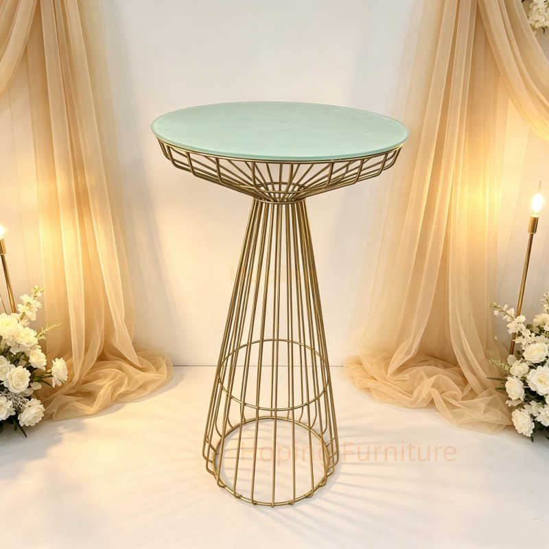 Stainless Steel Wire Frame High Cocktail Table Round Light Green Glass Top for Outdoor Wedding Party Event Bar Table
