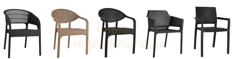 Black Plastic PE Rattan Armchair with Armrest Patio Dining Chair Wedding Chair Durable Restaurant Dining Furniture Hotel Hall Used Banquet Chair