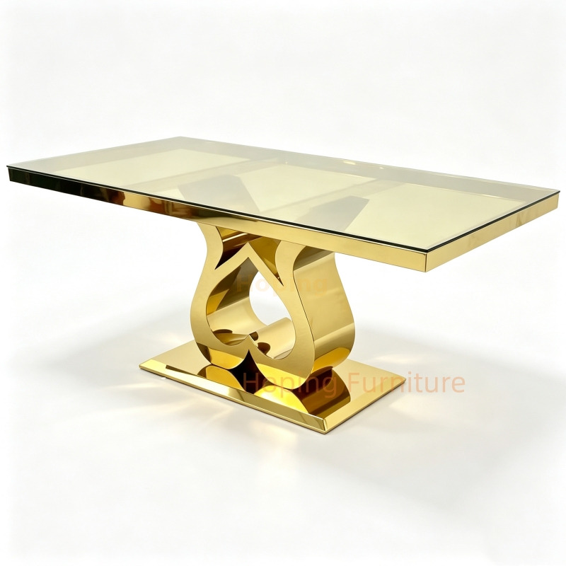 Luxury Square Table for 8 Rectangular Dining Table with Tempered Glass Unique Sculpted Mirror Gold Stainless Steel Base for Villa Hotel Banquet Table