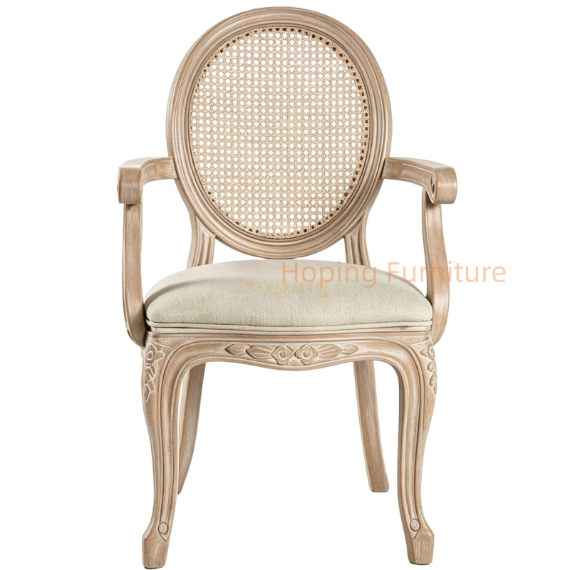Vintage Carved Plastic Dining Arm Chair Imitation Rattan Back Fabric Padded Seat for Wedding Event Rental Dining Chair