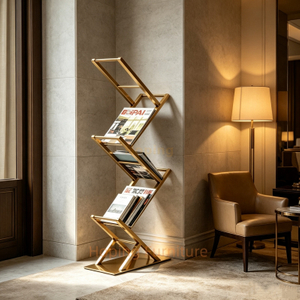 Gold Metal Z Shaped Magazine Rack File Shelf Modern Floor Book Display Stand for Living Room Airport Lobby Hotel Office Corner Office Bookcase